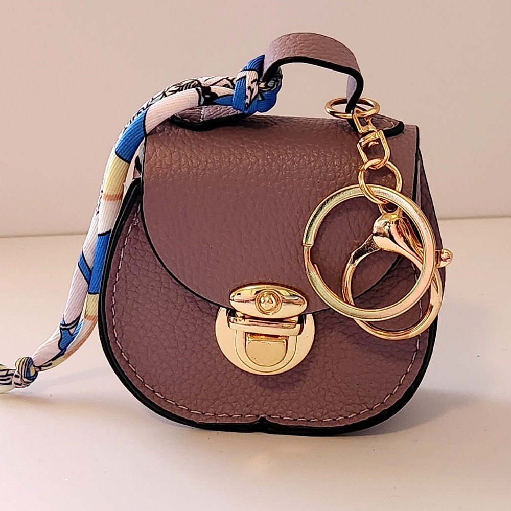 Mini Satchel Bag Keychain Mauve Purple Faux Leather Scarf Charm Coin Pouch 3.0"